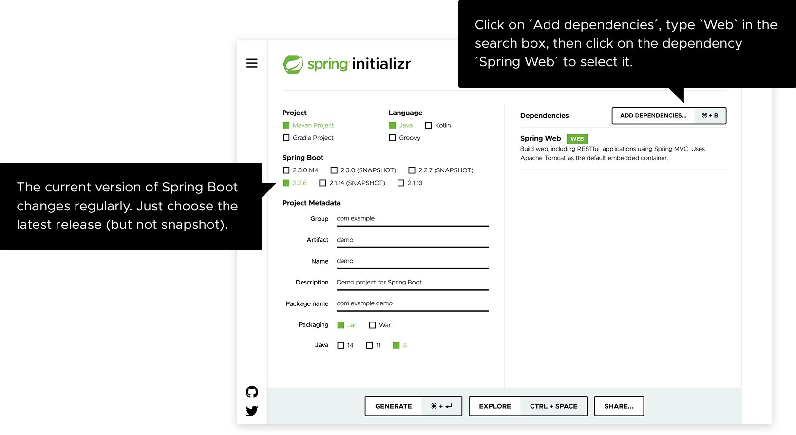 The Spring Initializr (start.spring.io) being asked to generate a simple Spring Boot ‘Web’ project. Hitting the ‘generate’ button will create an archive of a project which you can unpack and use to get started.